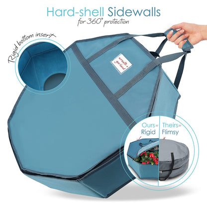 Wreath Storage Container - Hard Shell Christmas Wreath Storage Bag with Interior Pockets, Dual Zipper and Handles - 24" Premium Wreath Storage Organizer Box by Hearth & Harbor