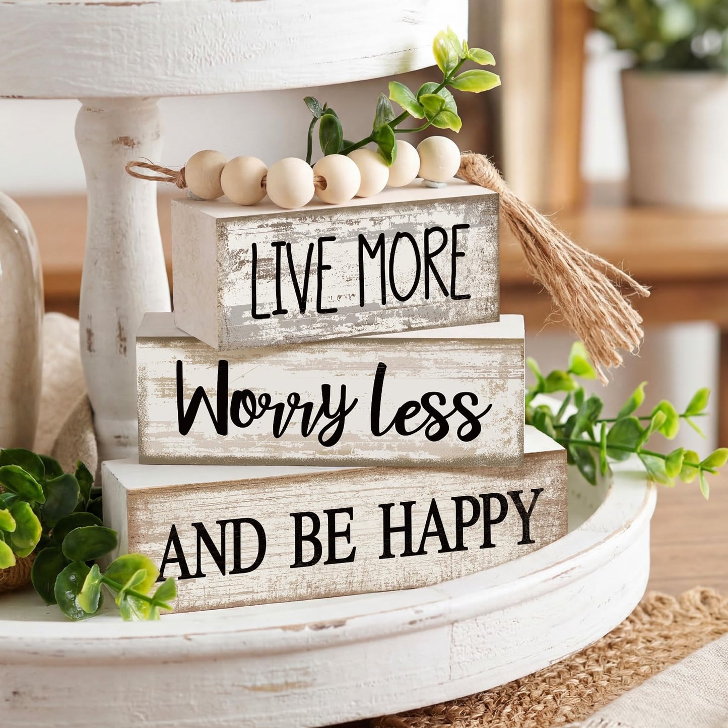 Moucuny 4 Pcs Inspirational Farmhouse Table Decor Rustic Stacked Wooden Block Sign - Live More Worry Less Be Happy Centerpieces Set with Beaded Tassel and Artificial Plant for Home, Office, Shelf Gift