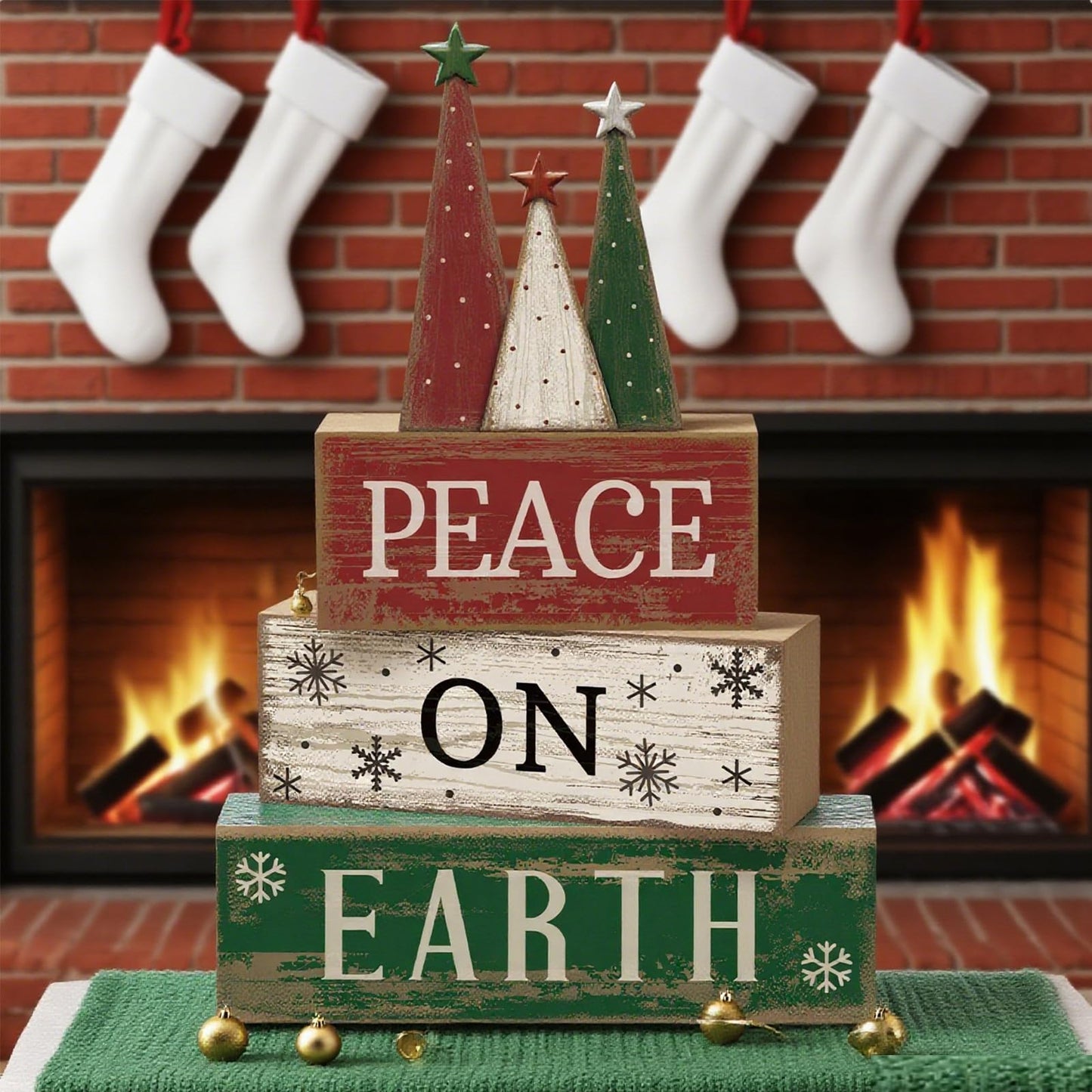 Lineshading 4 Pcs Christmas Table Decoration Wooden Christmas Tree Sign Winter Tiered Tray Decor Decorative Red Green and White Tree Block Signs Xmas Table Centerpiece Farmhouse Decor for Home Kitchen