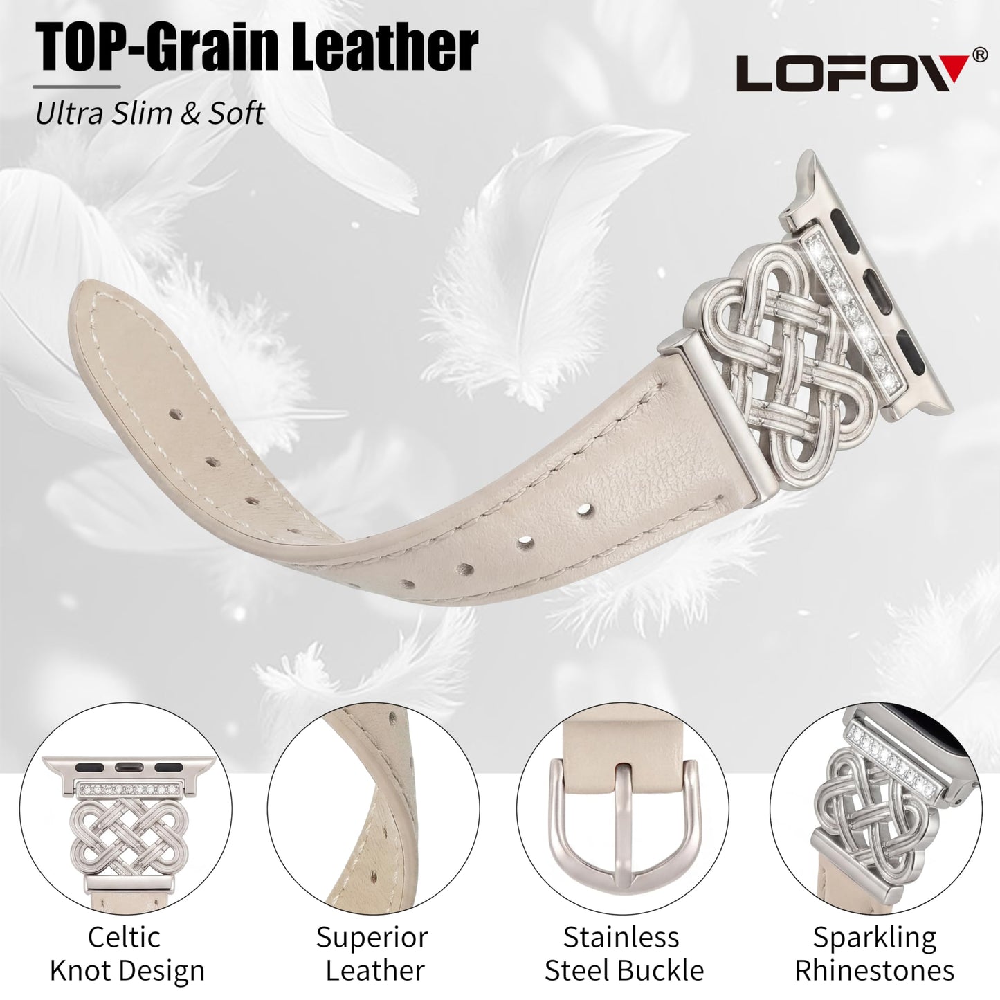 LOFOV Compatible with Apple Watch Bands Women 38/40/41/42mm Dressy Slim Leather Strap with Designer Celtic Knot Interlock Buckle Bracelet for iWatch Series 11 10 9 8 7 6 5 4 SE 3 2 1 (Starlight)