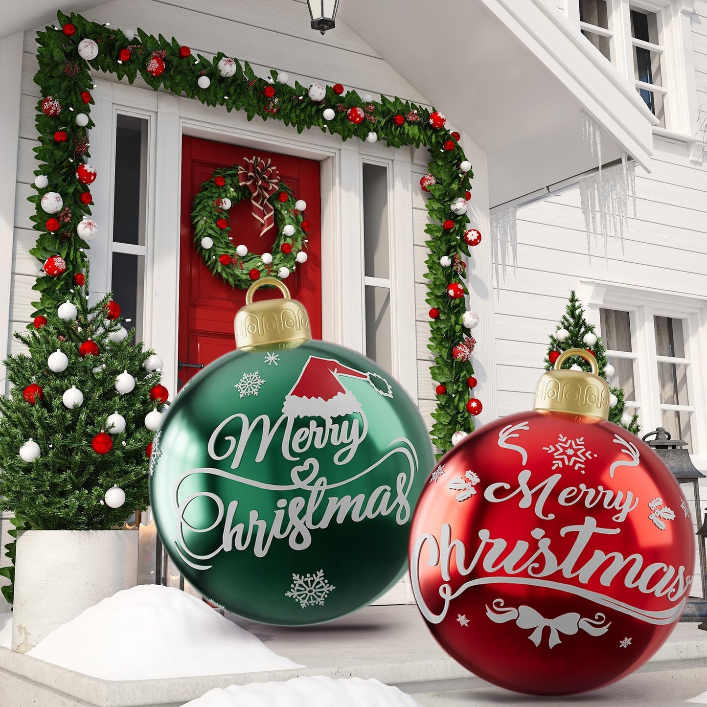 2PCS 24 Inch Inflatable Christmas Balls, PVC Large Inflatable Christmas Ornaments Blow up Ornament Ball, Blow up Ornament Xmas Decorations for Outside Holiday Yard Lawn Decor(Red Green Merrychristmas