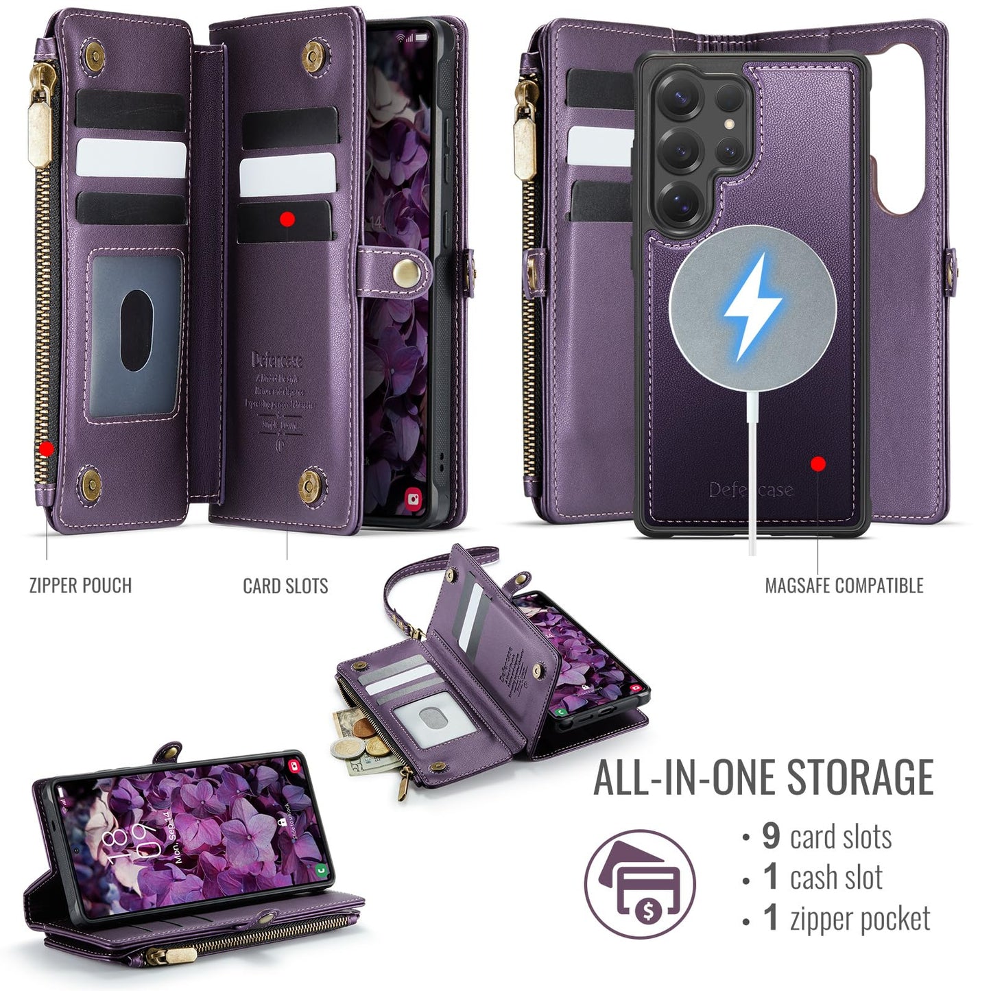 Defencase for Samsung Galaxy S24 Ultra Magnetic Wallet Case Compatible with Magsafe with RFID Blocking Zipper & Card Holder Women, PU Leather Detachable Phone Case for Galaxy S24 Ultra 6.8", Purple