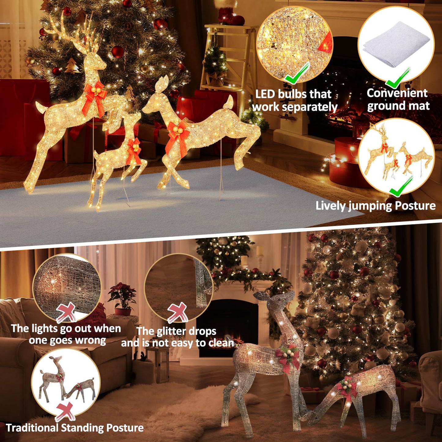 LOENIY 3-Piece Lighted Reindeer Christmas Decoration with 210 Warm White LED Lights, 5FT 3D Glittered Christmas Deer Family Set Outdoor Decorations, Plug in Deer Decor for Lawn Yard Patio Garden