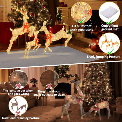 LOENIY 3-Piece Lighted Reindeer Christmas Decoration with 210 Warm White LED Lights, 5FT 3D Glittered Christmas Deer Family Set Outdoor Decorations, Plug in Deer Decor for Lawn Yard Patio Garden