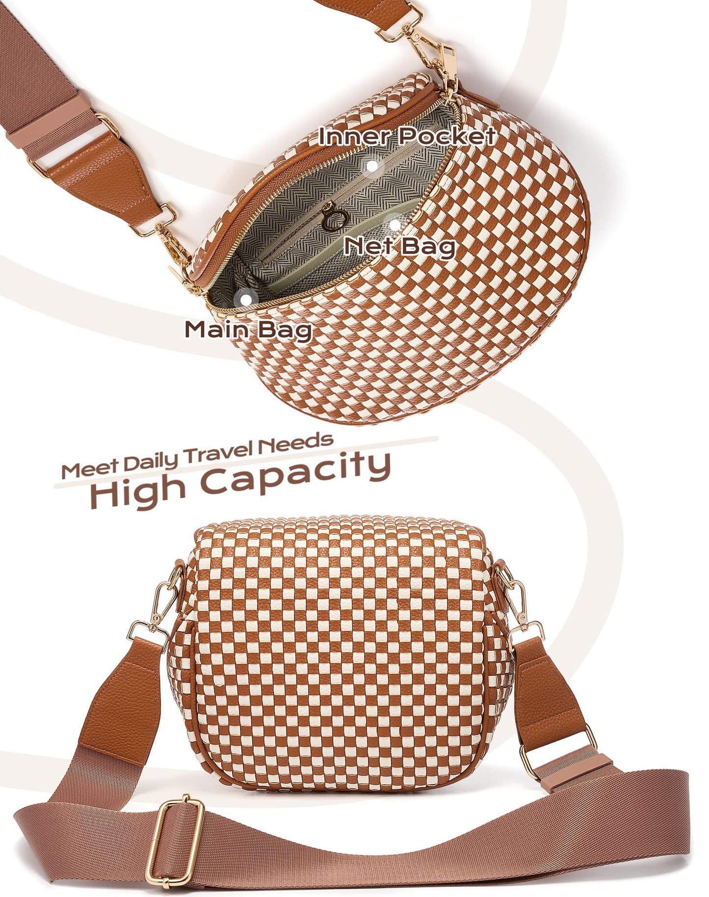 Trendy Woven Checkered Crossbody Bum Bag for Women，PU Leather Checkered Purse Fanny Packs Belt Bag (Woven Bum Bag - Brown White)