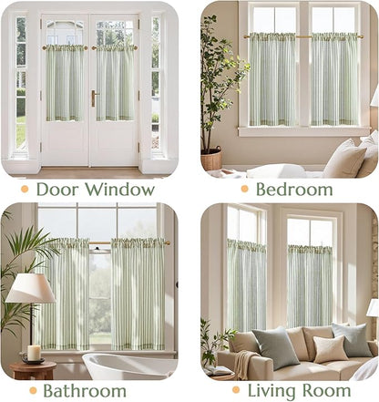 jinchan Linen Kitchen Curtains 36 Inch Length Striped Tier Curtains Ticking Stripe Small Drapes for Living Room Bathroom Cafe Small Window Farmhouse Rustic Pinstripe Rod Pocket 2 Panels Sage Green