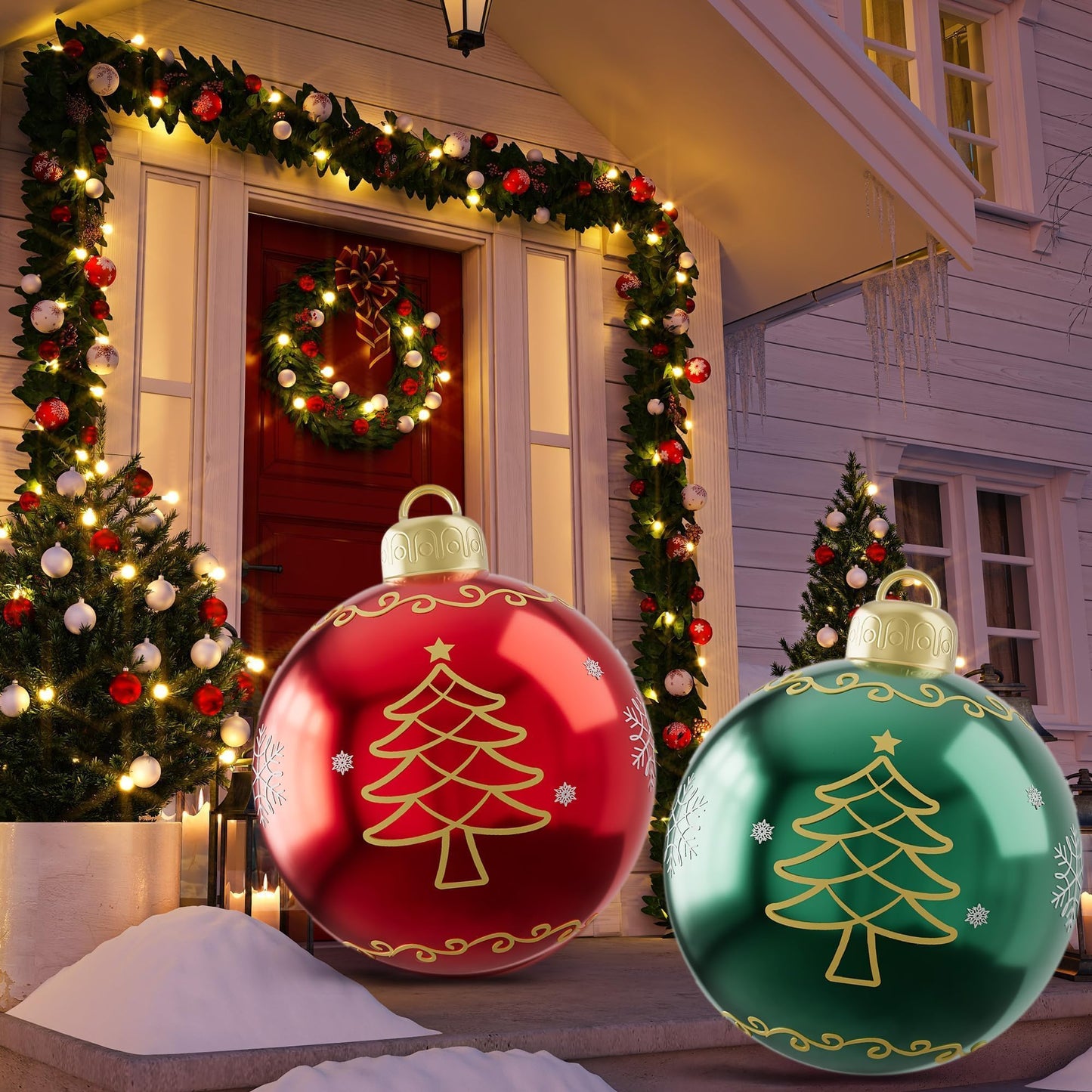 2PCS 24 Inch Inflatable Christmas Ornaments Balls, PVC Giant Blow up Christmas Ornaments, Blow up Jumbo Xmas Balls Outdoor Jumbo Ornament for Outside Holiday Yard Lawn Decor(Red Green Tree)