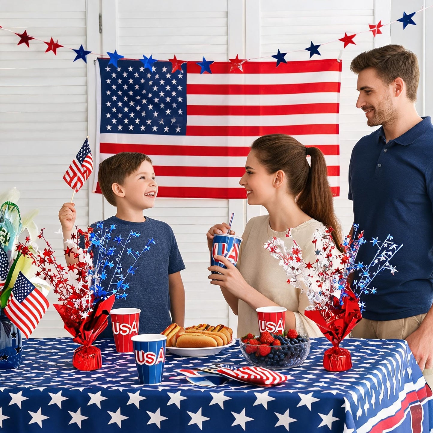 6 Pack 4th of July Table Centerpiece Decoration, Metallic Foil Spray Star Burst Patriotic Decor for 250th Anniversary Independence Day, Holiday Memorial Day Party Supplies Decor (Silver&Blue&Red)
