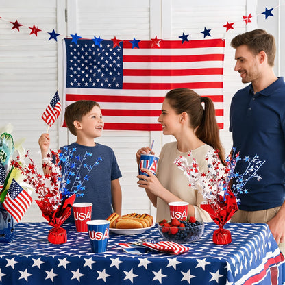 6 Pack 4th of July Table Centerpiece Decoration, Metallic Foil Spray Star Burst Patriotic Decor for 250th Anniversary Independence Day, Holiday Memorial Day Party Supplies Decor (Silver&Blue&Red)