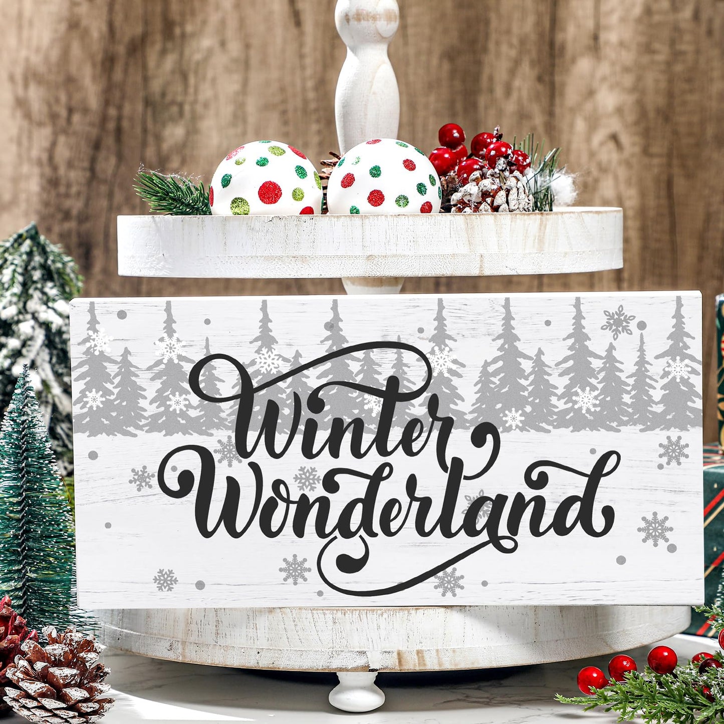Yousoontic Winter Wonderland Wood Box Sign Plaque White Farmhouse Winter Wooden Christmas Decor Table Decor 12 x 6 Inch Rustic Christmas Tree Block Sign for Holiday Table Home House Kitchen