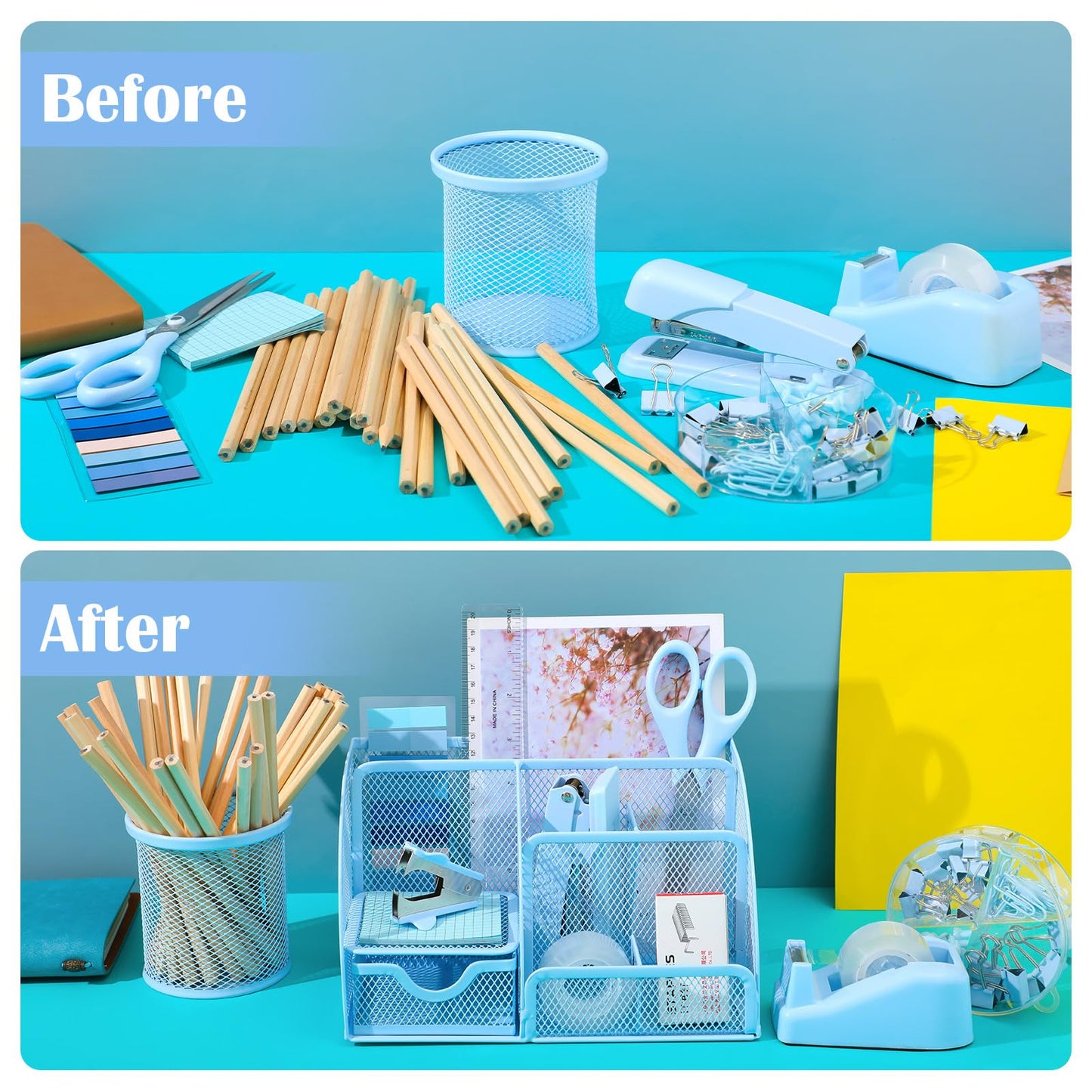 11 in 1 Blue Desk Organizer and Accessories, Blue Desk Accessories Light Blue Office Supplies Include Blue Stapler Blue Tape Dispenser Pen Holder Staple Remover Clips Ruler Scissors Tapes Tabs