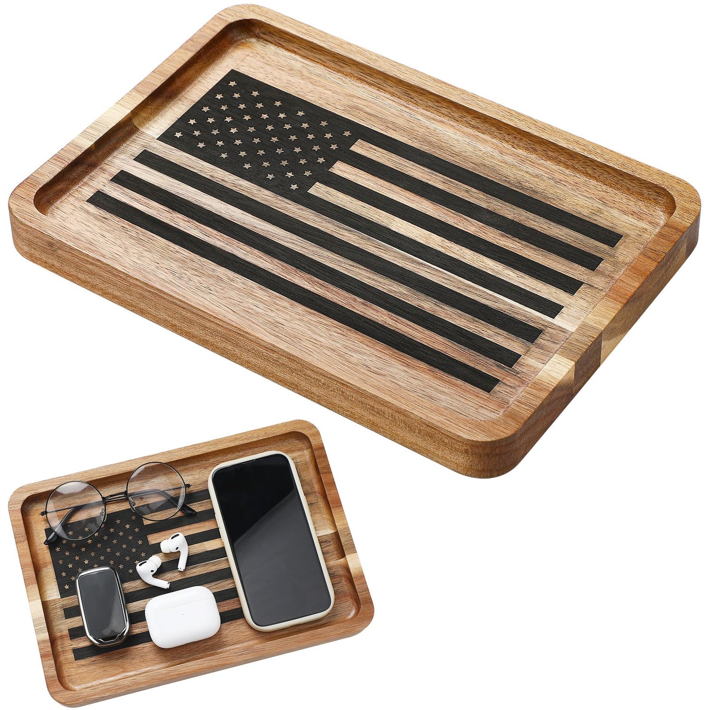 Newtay American Flag Valet Tray for Men Wood Catch All Dump Tray EDC Organizer Every Day Carry Bedside Nightstand Table Entryway Holder for Keys Wallet Watches Phones Jewelry 11 x 7.75 x 1 Inch