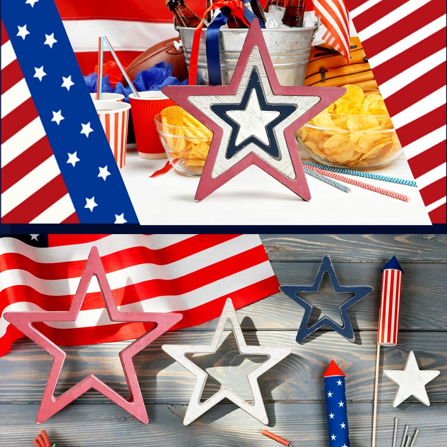 AOCEAN 4th of July Decorations Wooden Stars Set of 4, Red White Blue Stars Decorations, Retro Patriotic Memorial Independence Day Star Decor for Home Office Table Centerpieces Shelf