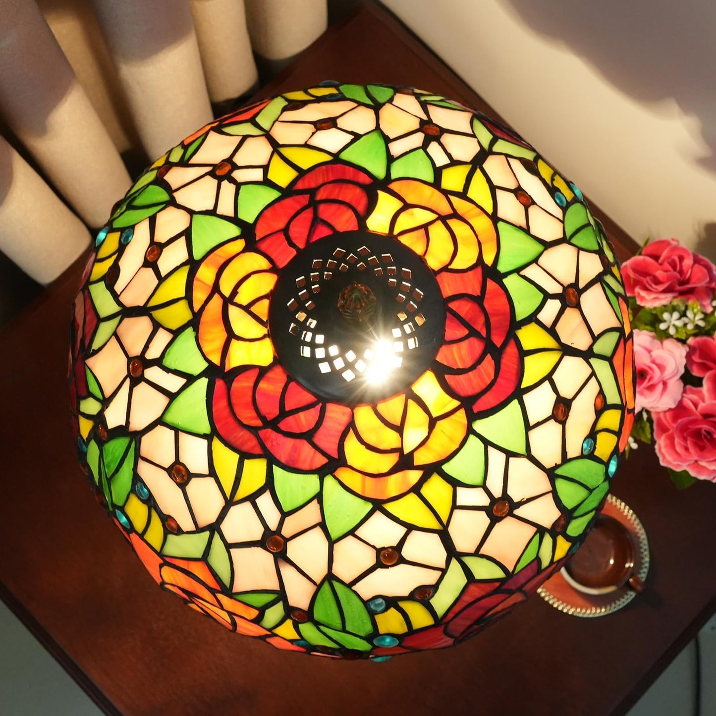 wecrejoni Tiffany Lamp Rose Flower Stained Glass Table Lamp 12X12X18 Inches Rose Style Desk Reading Light Decor Bedside Bedroom Living Room Home Festival Birthday Valentine's Day Christmas Gift