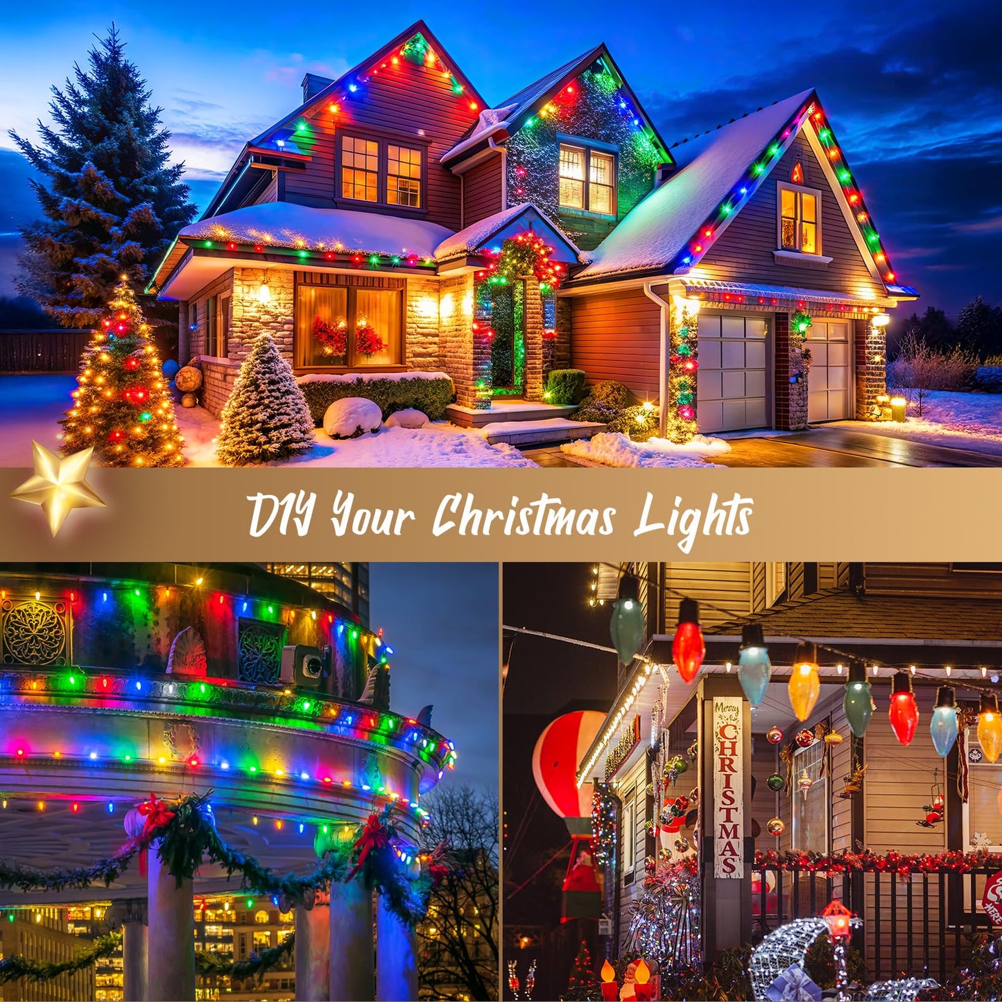 C9 Light Strand, 100 FT Outdoor String Lights Christmas Stringer with 100 Sockets for Christmas Decor Patio, E17 Light Socket, 12 Spacing, Brown Wire
