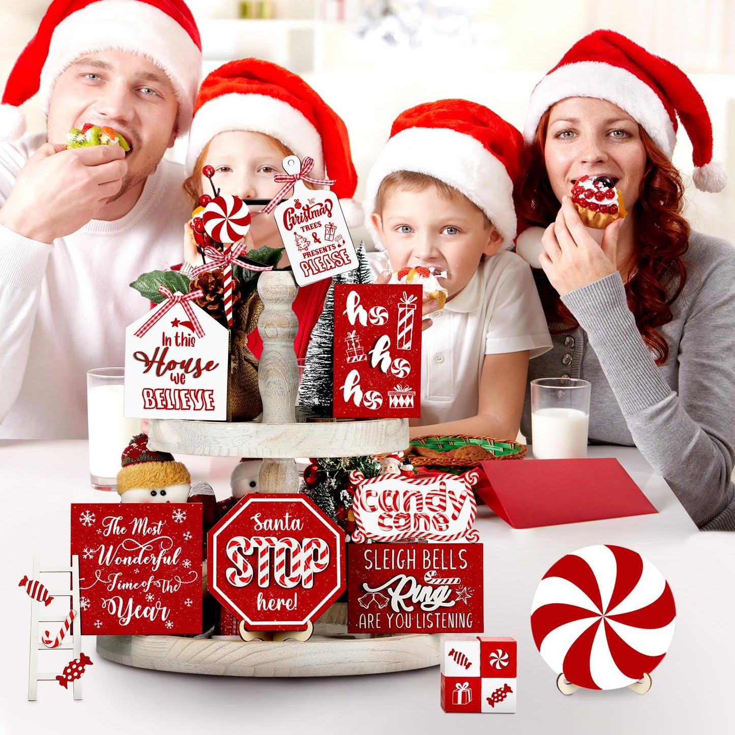 Mifoci 14 Pcs Christmas Tiered Tray Decor Rustic Christmas Decorations Snowman Santa Candy Wood Sign Xmas Table Tiered Tray Winter Farmhouse Rustic Table Decor for New Year Home Shelf Tabletop