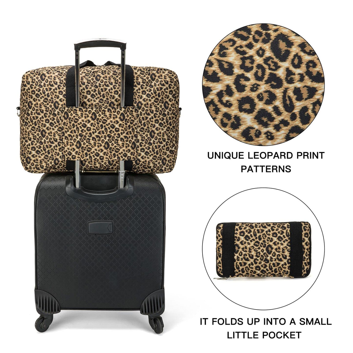 EXYANGEE Foldable Travel Duffel Bag, Medium Women's Weekender and Overnight bag carry on Luggage bag for Women(Leopard)