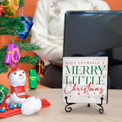 Cazhes Christmas Wooden Decor, Red & Green Merry Christmas Sign Decorations for Home Bedroom, 5x5 Inches Xmas Decor with Iron Stand, Birthday New Year Gifts -G05