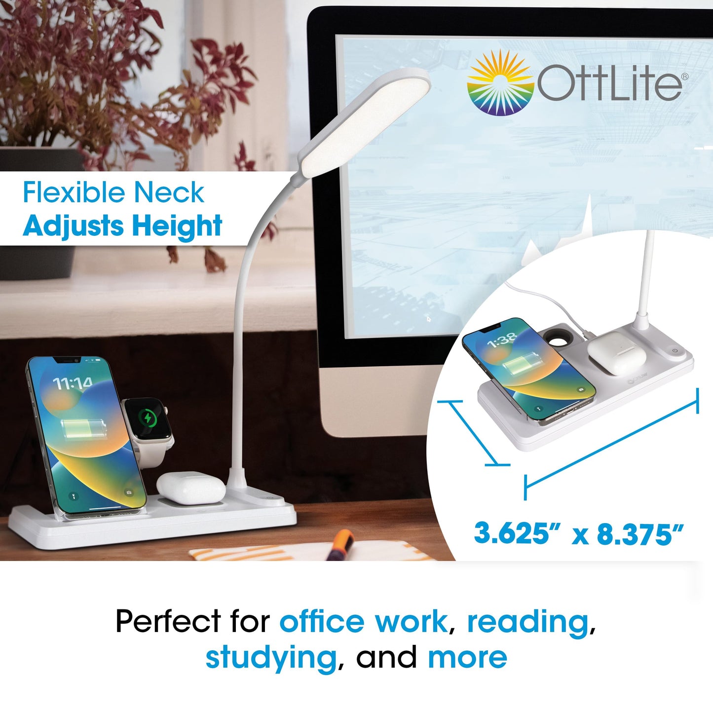 Ottlite LED Desk Lamp with Multi-Device Charging Station, White