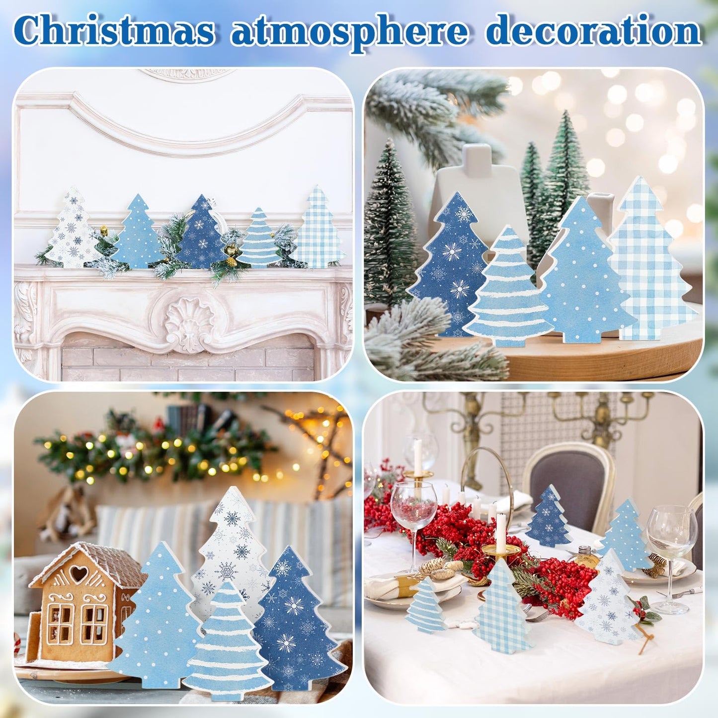 Huwena 5 Pcs Christmas Table Decoration Wooden Xmas Tree Tiered Tray Decor Centerpiece Gift Box Indoor Christmas Tree for Shelf Mantel Fireplace Home Party(Blue Buffalo Plaid)