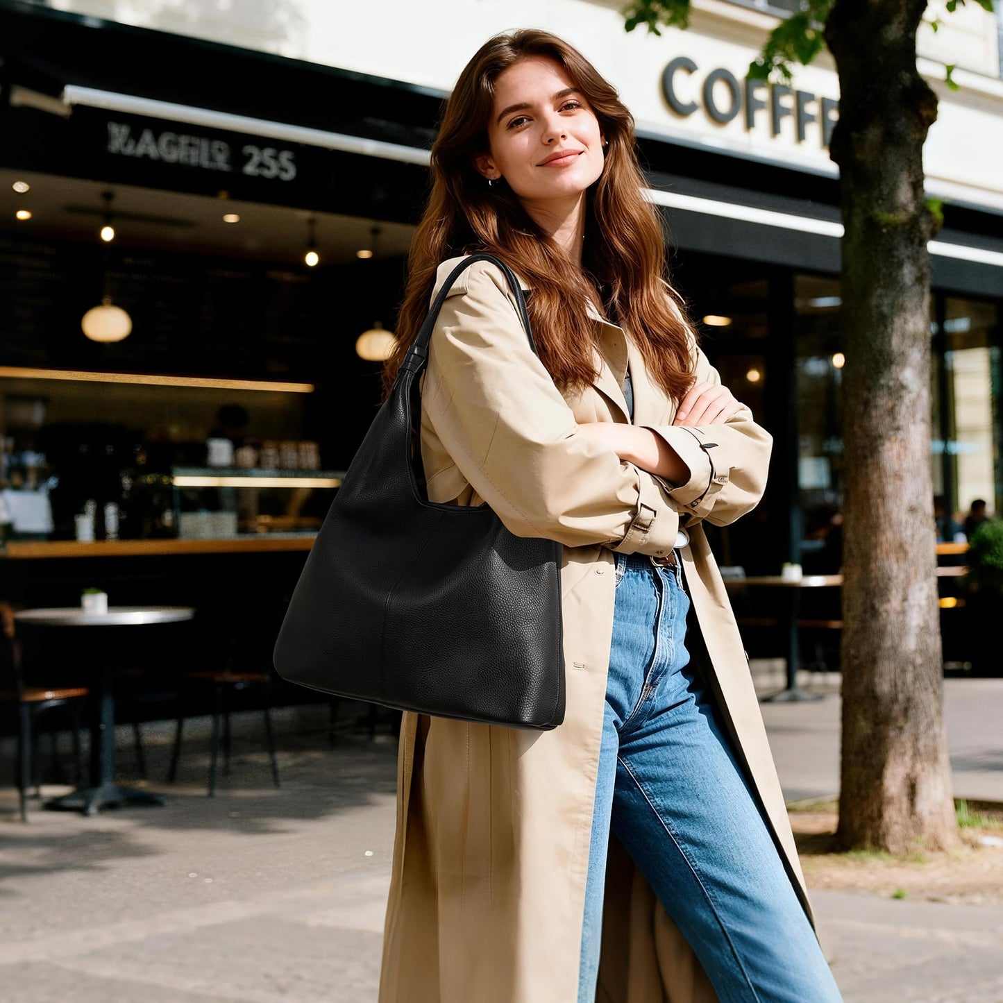 befen Genuine Leather Slouchy Hobo Purses for Women, Casual Hobo Bags Real Top Grain Leather Tote Handbags Women's Black Shoulder Satchel for Shopping, Outing, Travel