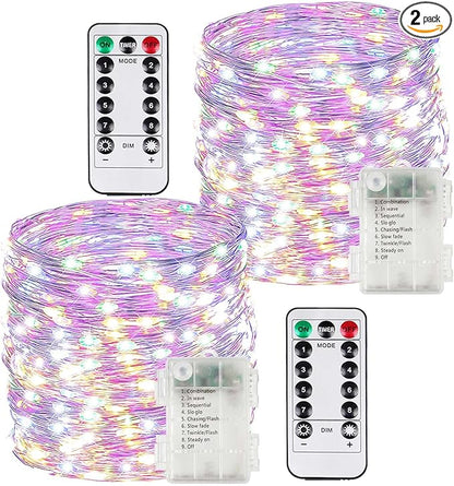 2 Pack Each 66Ft 200LED Battery Operated Fairy Lights with Remote, Waterproof Battery Christmas Twinkle Lights with Timer, String Light for Bedroom Christmas Decorations (Multicolor)