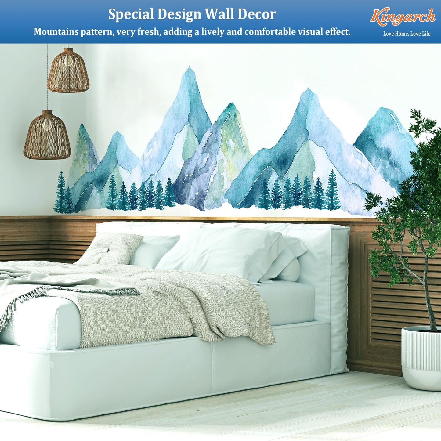 Large Mountain Wall Decals, Blue Pine Tree Peel and Stick Vinyl Wall Stickers & Murals, Removable Home Room Wall Decor for Bedroom Living Room Bedroom Classroom Office Nursery