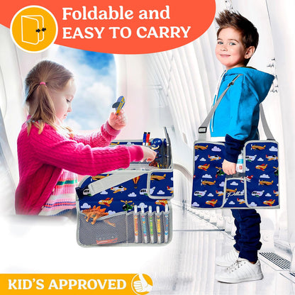 PILLANI Kids Travel Tray for Car - Toddler Airplane Travel Essentials w/ Activity Sheets, Pens & Dry Erase Board - Kids Travel - Must Have Toddler Lap Desk Organizer for Airplane - Travel Accessories