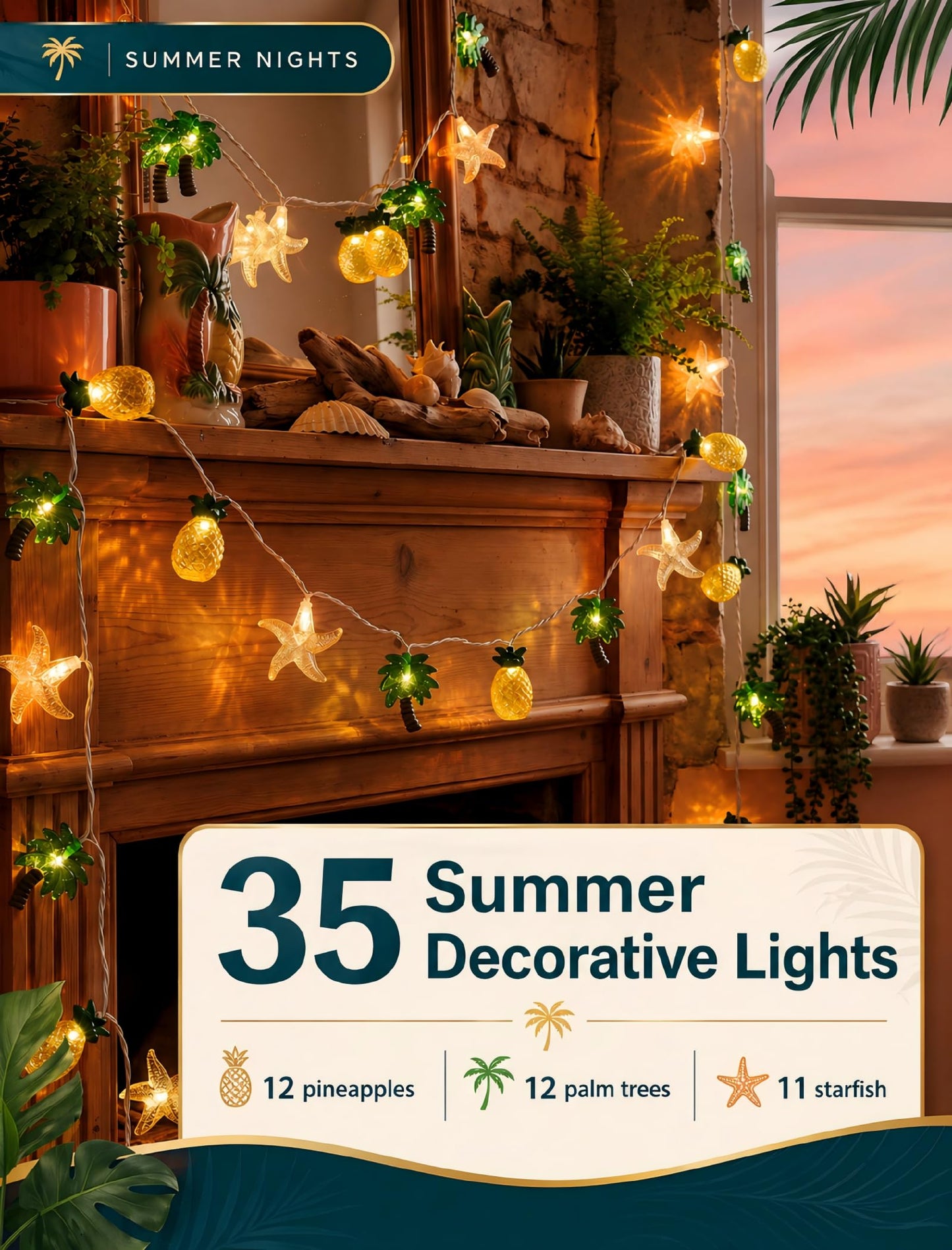 19Ft Hawaiian Beach String Lights Outdoor with 35 LED Starfish, Pineapple & Palm Tree Lights, Plug-in Tropical Party Decoration for Patio, Backyard, Garden, Window, Tiki Bar, Pool Party Decor