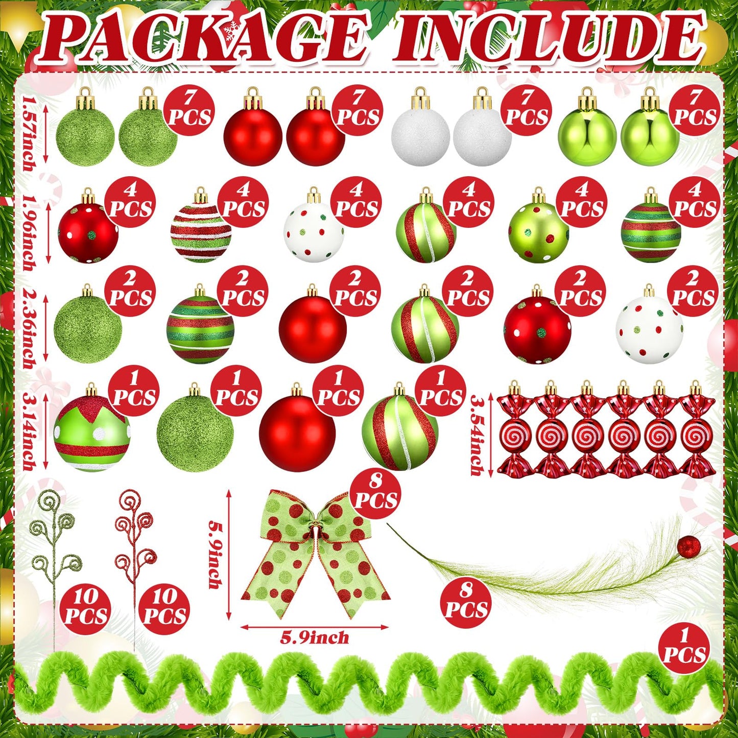 Leitee 109 Pcs Christmas Tree Decorations Lime Green Red Peppermint Candy Ball Ornaments Elf Christmas Tree Picks Swirl Glitter Xmas Stems Polka Dots Bow Home Faux Fur Ribbon for Holiday Party Decor