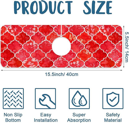 Watercolor Moroccan Marbled Kitchen Sink Splash Guard Faucet Mat Red Tiles