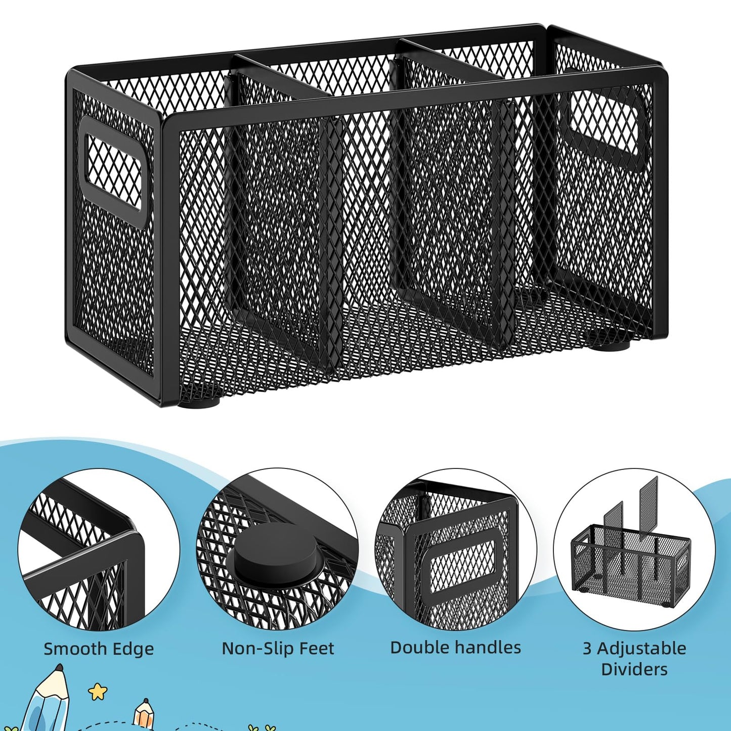 Marbrasse Mesh Pen Holder for Desk,Pencil Holder Desk Organizer 3 Adjustable Compartments,Pencil Cup with Handle Perfect for Classroom, Office, Home,Makeup,Art (Black)