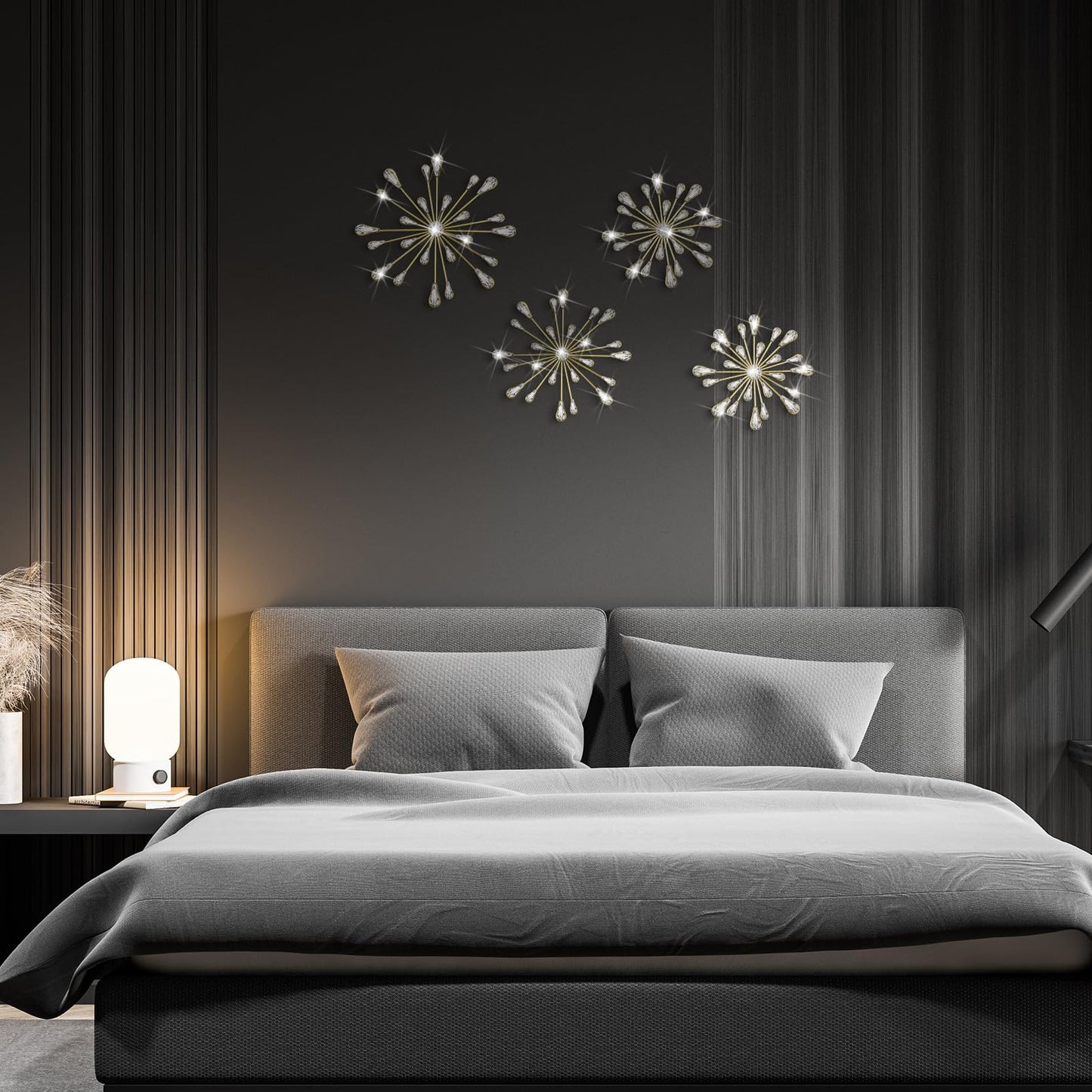Hicarer 4 Pcs Starburst Wall Decor Bling Wall Art Crystal Teardrop 3D Hanging Rhinestone Radial Metal Artwork Modern Accent Sculptures Decorations for Living Room Home Office Bedroom(Gold)