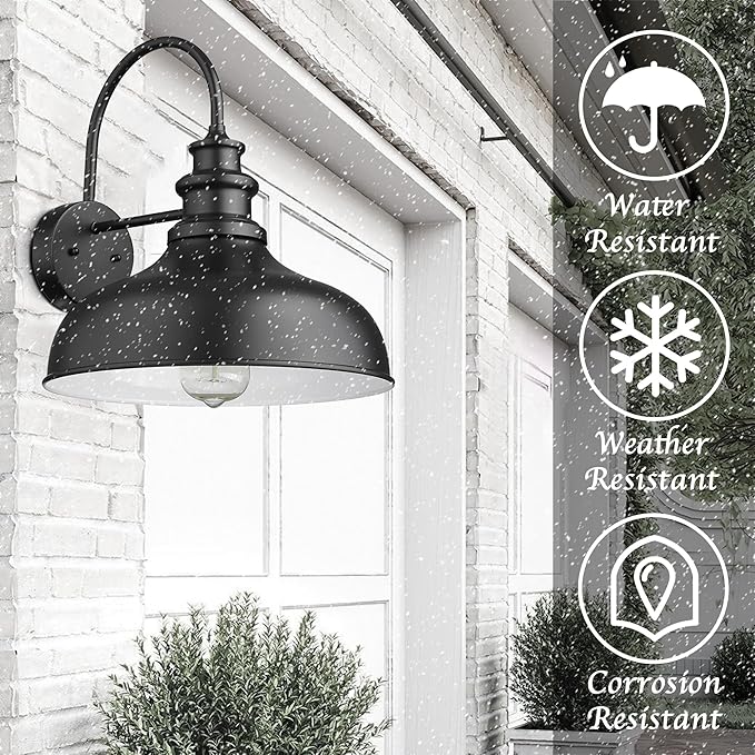 Bestshared Large Farmhouse Barn Lights 16 Inch Dome Outdoor Wall Lighting Fixture Industrial Wall Sconces Exterior Mount Lantern Light for Porch, Entryway, Garage(2Pack, Black+White)