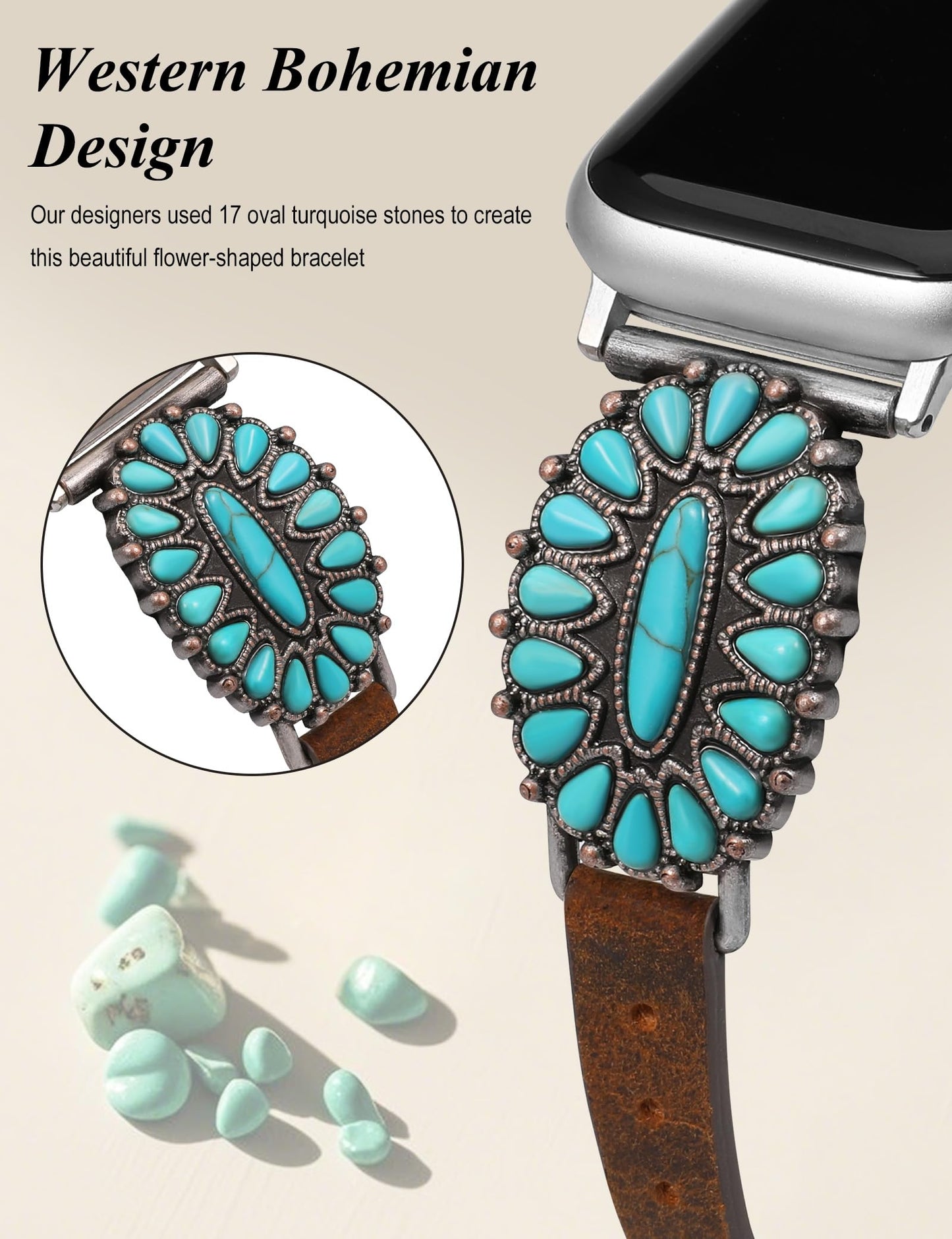 Minyee Leather Band Compatible with Apple Watch Band Women 42/46/38/40/41/44/45/49mm, Western Boho Turquoise Vintage Retro Designer Brown Slim Thin Strap for iWatch Series 11 10 9 SE 8 7 6 5 4 Ultra