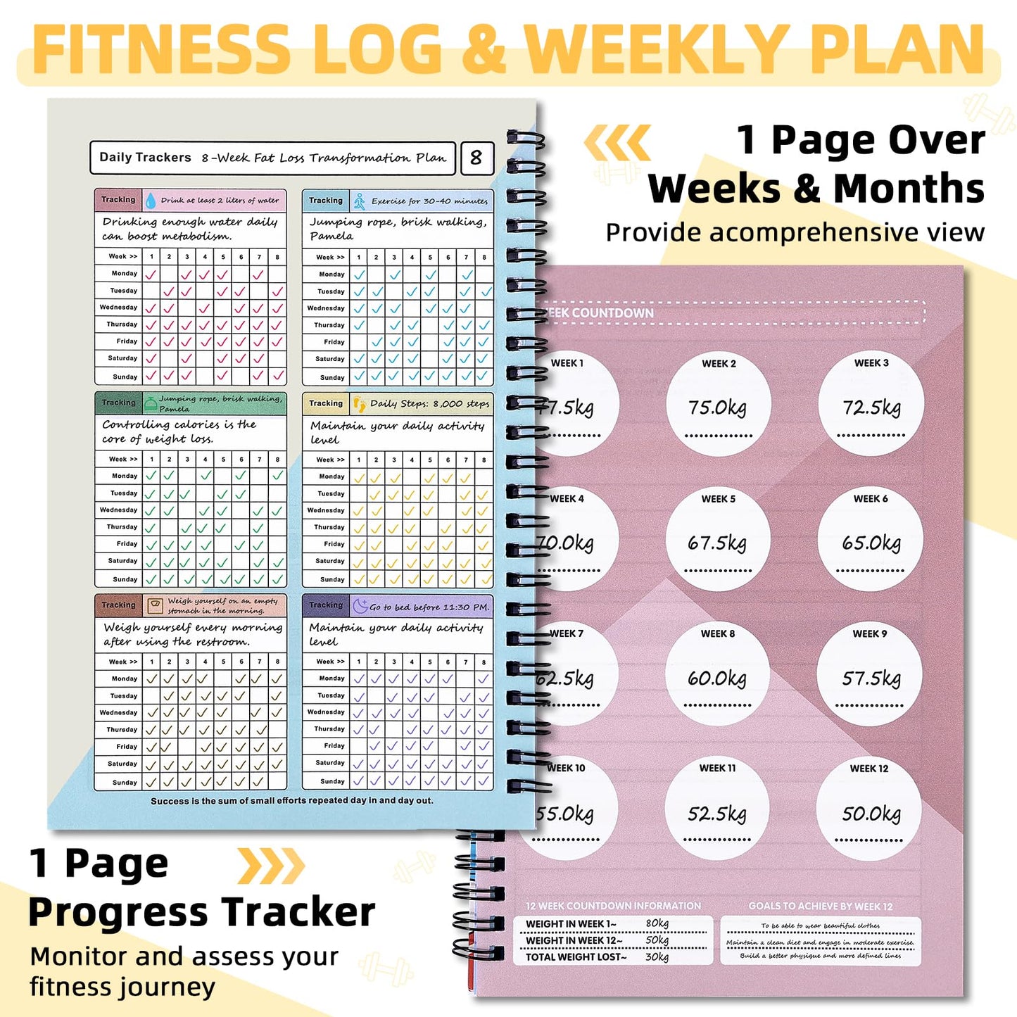 Fitness Journal - Food Journal for Women & Men Planner Log Book, Workout Journal for Track Weight Loss, Muscle Gain, Home Gym Exercise, Daily Nutrition, 5.8 x 8.2"