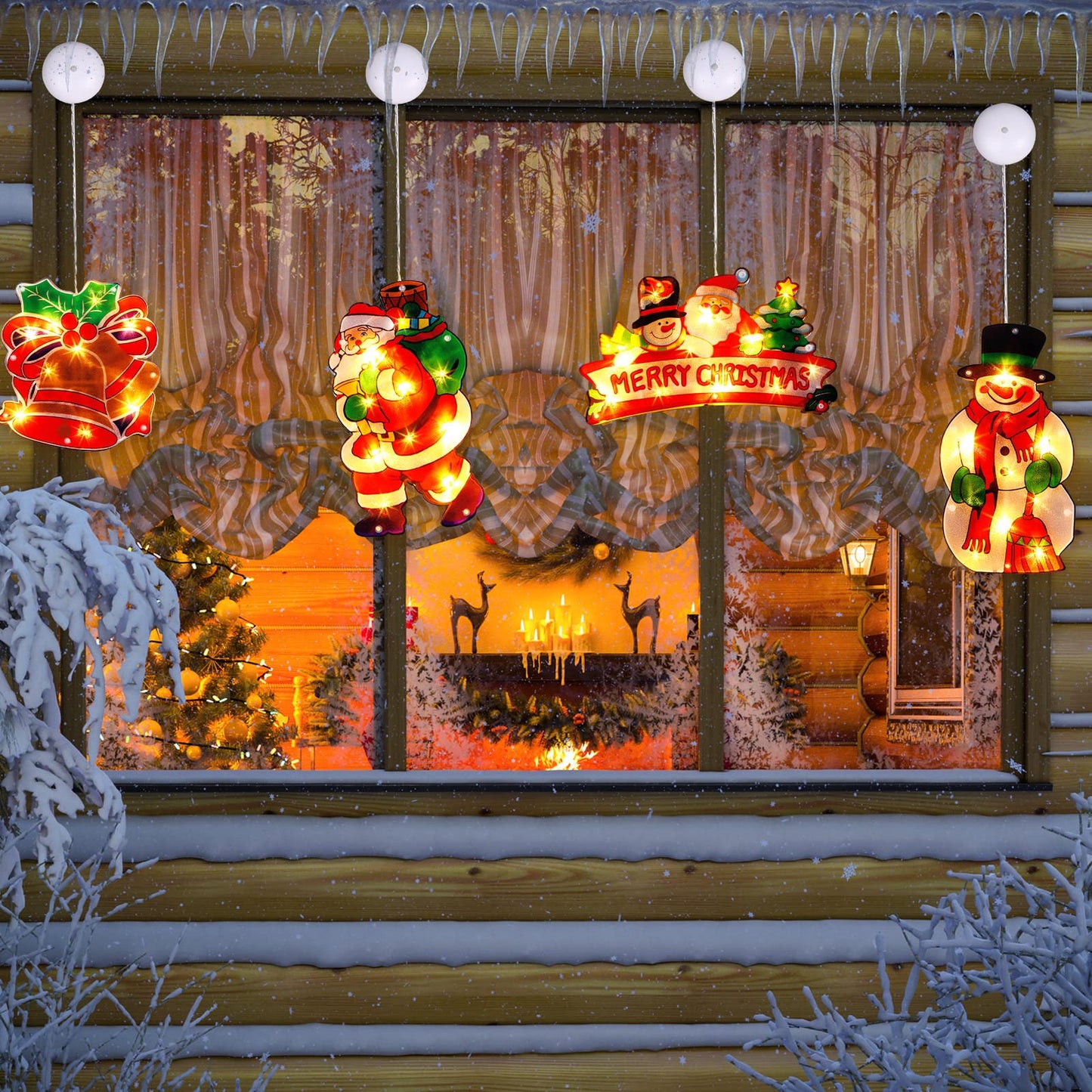 4 Pieces Christmas Window Decorations - Light up Christmas Decorations with Suction Cup for Holiday Outdoor Indoor Decor