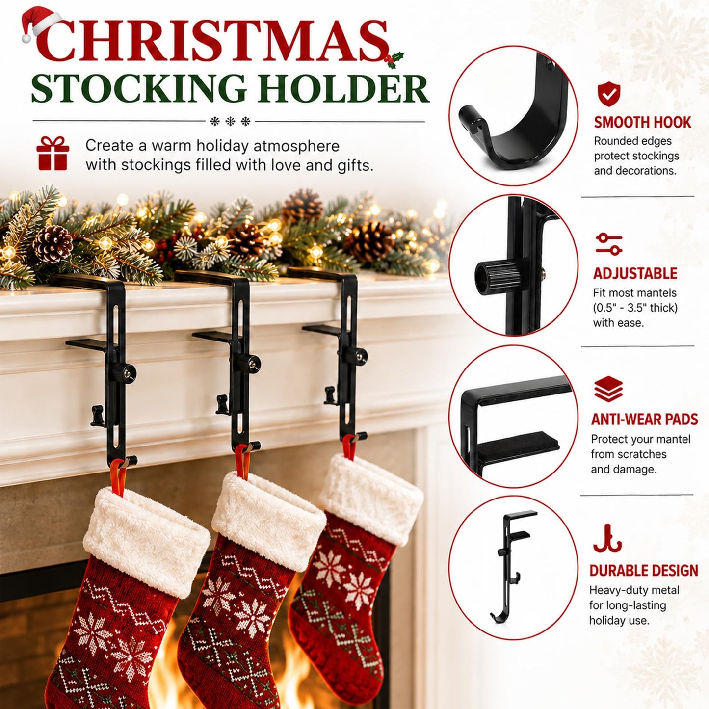 Gayrrnel 4 Pack Stocking Holders for Mantle, 2 in 1 Mantel Hanger for Garland Hooks for Christmas Adjustable No Drill Mantle Garland Hange for Fireplace Xmas Holiday Home Party Decoration