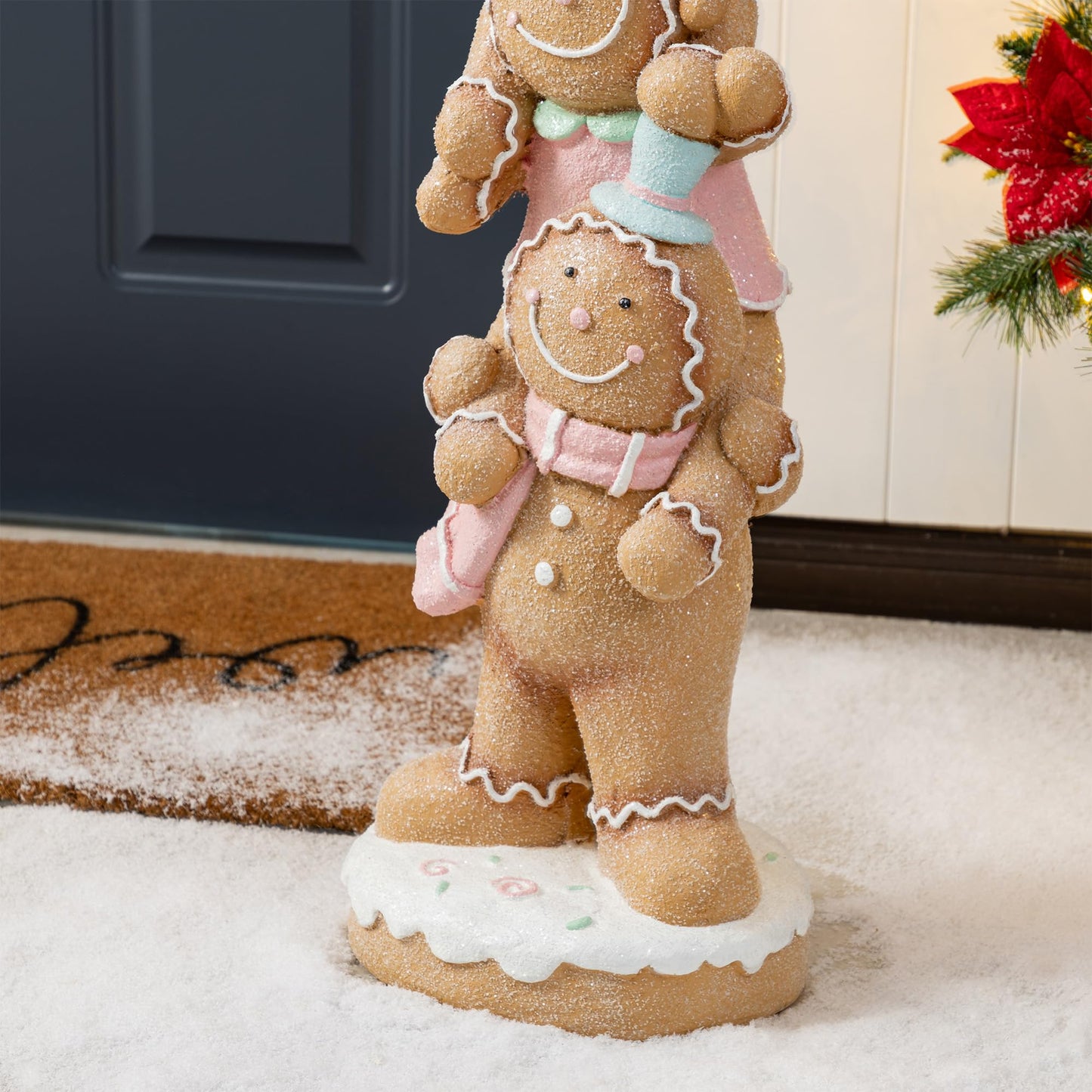 Glitzhome Christmas Gingerbread Man Porch Decor, 29.25" Stacked Macaron Pink Resin Outdoor/Indoor Holiday Yard Statue, Hand-Painted Festive Display for Entryway