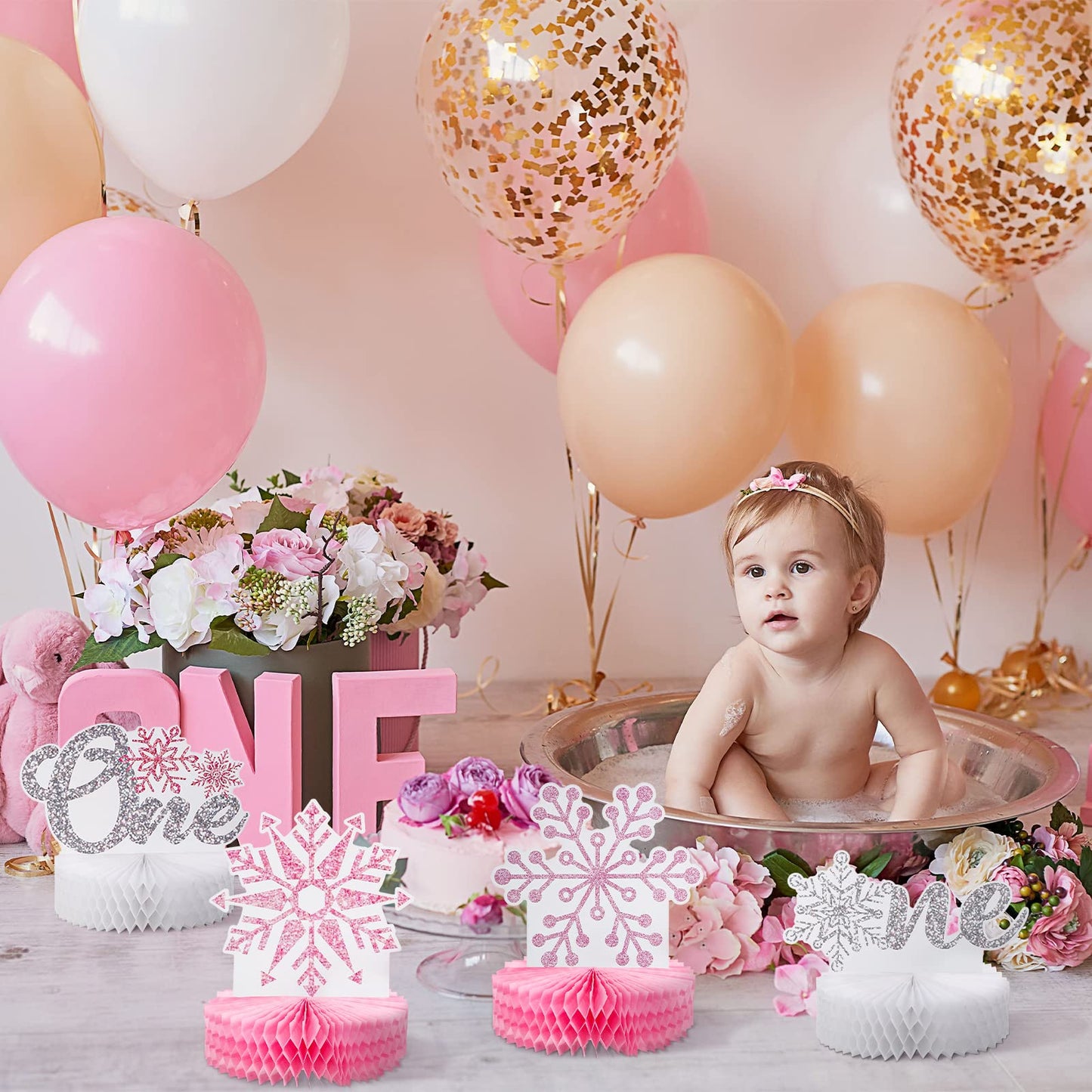 Lincia 12 Pcs Winter Onederland 1st Birthday Decorations Pink Snowflake Honeycomb Wonderland Table Centerpieces for Snowflake Birthday Party Supplies