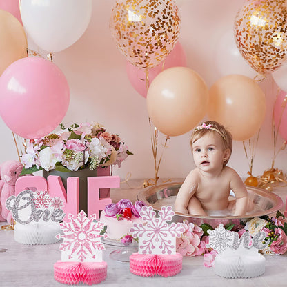 Lincia 12 Pcs Winter Onederland 1st Birthday Decorations Pink Snowflake Honeycomb Wonderland Table Centerpieces for Snowflake Birthday Party Supplies