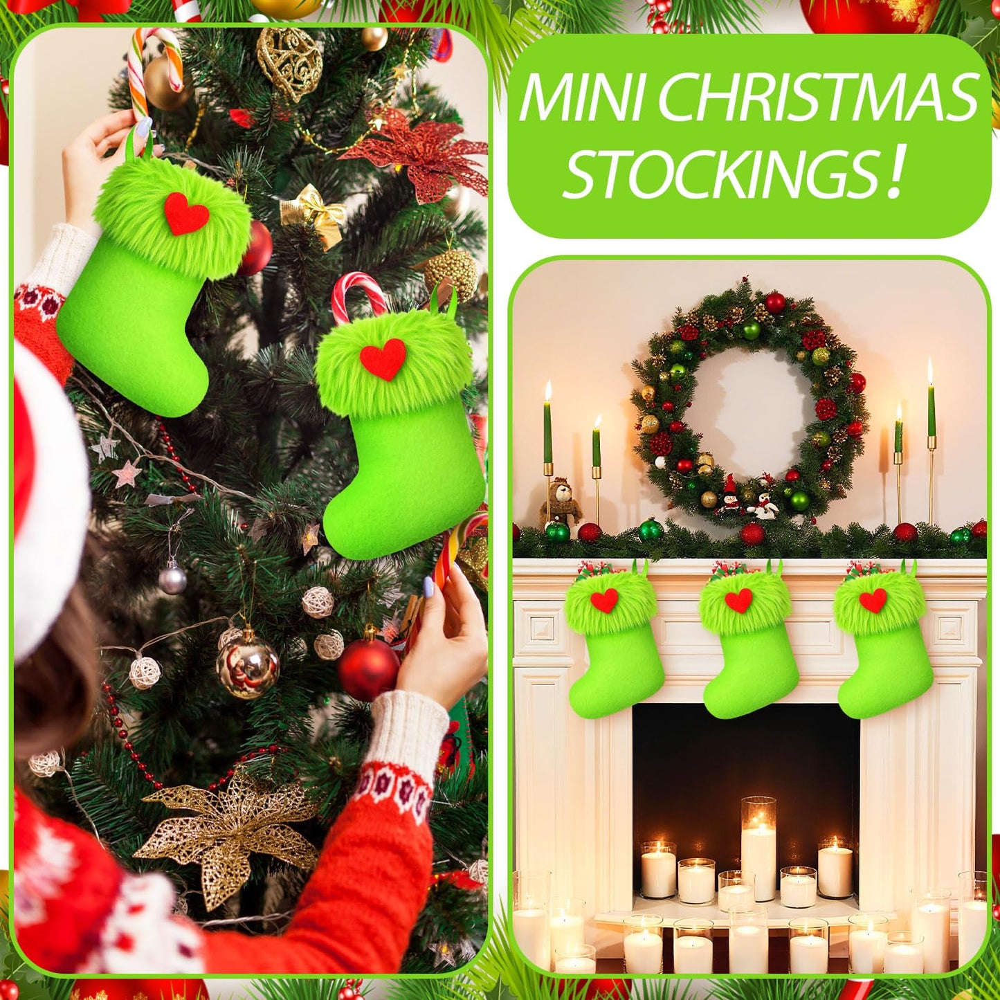 Realspring 24pcs Mini Christmas Stockings 6 Inch Green Faux Fur Xmas Stockings Mini Gift Small Fireplace Hanging Holiday Decorations Xmas Present for Christmas Family Party Tree Fireplace