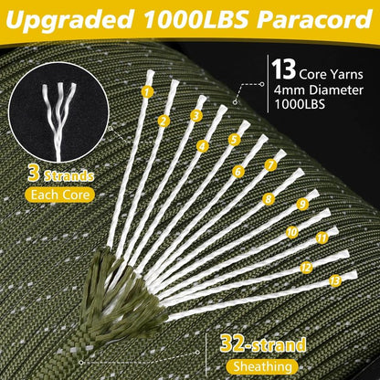 Reflective Paracord 1000lb - Heavy Duty 4mm 13 Strand Rope for Camping, Fishing, Hiking | Black 50/100/200/500/1000ft