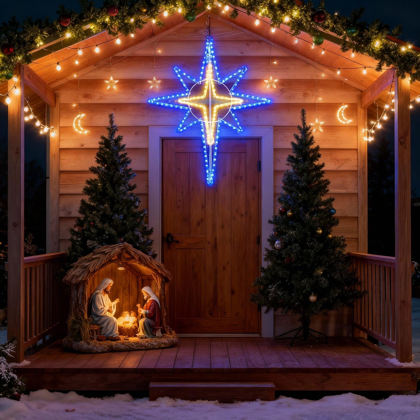 Wettal 36'' Christmas Star of Bethlehem LED Star Hanging Lights Nativity Holy Family Light for Door Window Porch Wall Decoration Plug Operated Lighted Hanging Tree Topper(Blue, Warm Light)