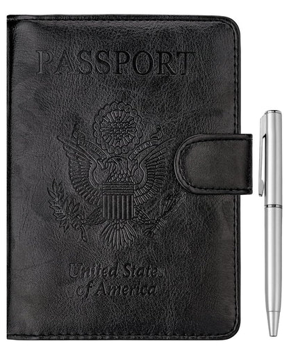 WALNEW Passport Holder for Travel, RFID Passport Cover Wallet for Women Men, PU Leather Passport Book Card Holder Case with Pen, Travelling Essentials for Flying