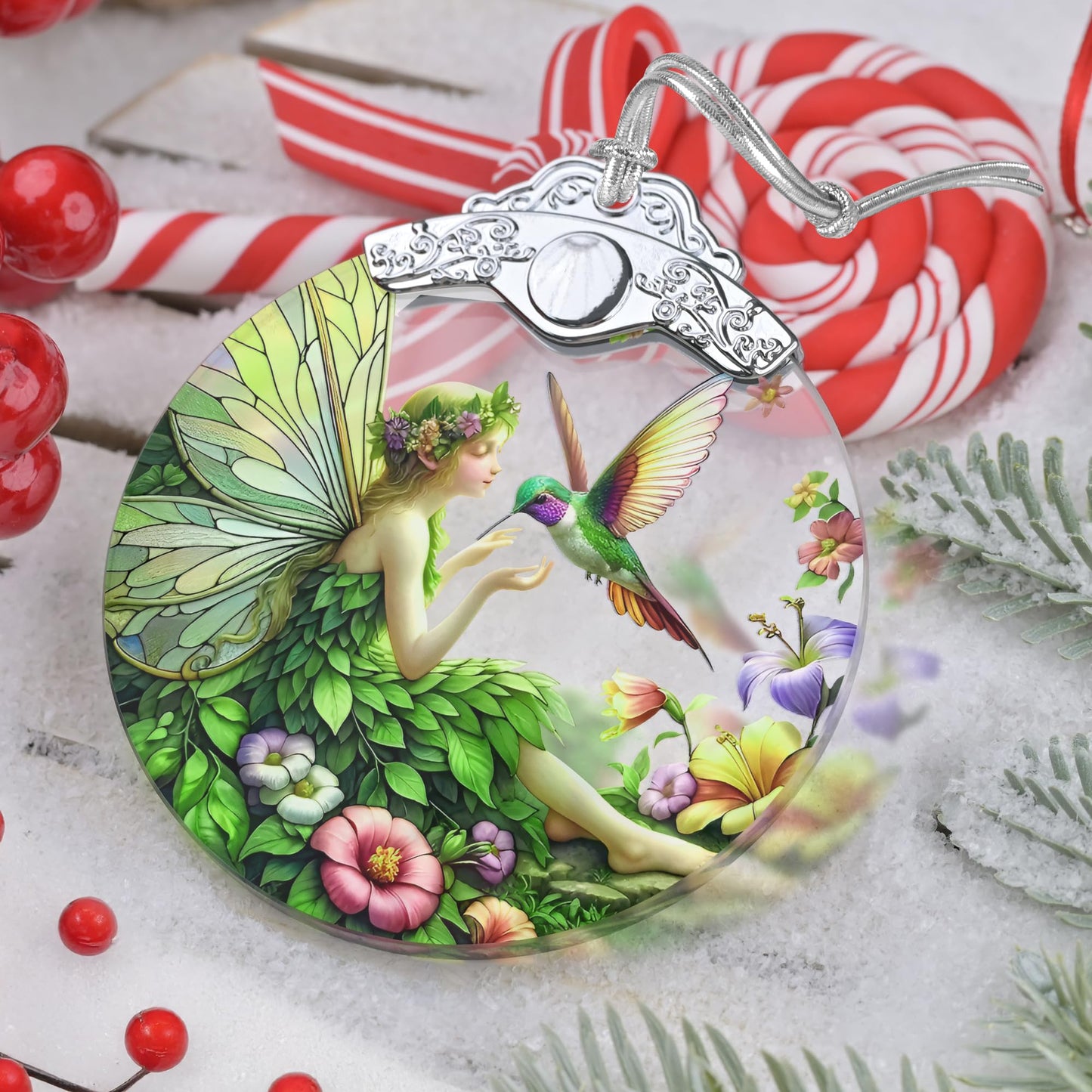 Jocidea Fairy & Hummingbird Christmas Ornament - Stained Glass Hanging Decor - Tree Decoration - Gifts for Women, Her, Mom
