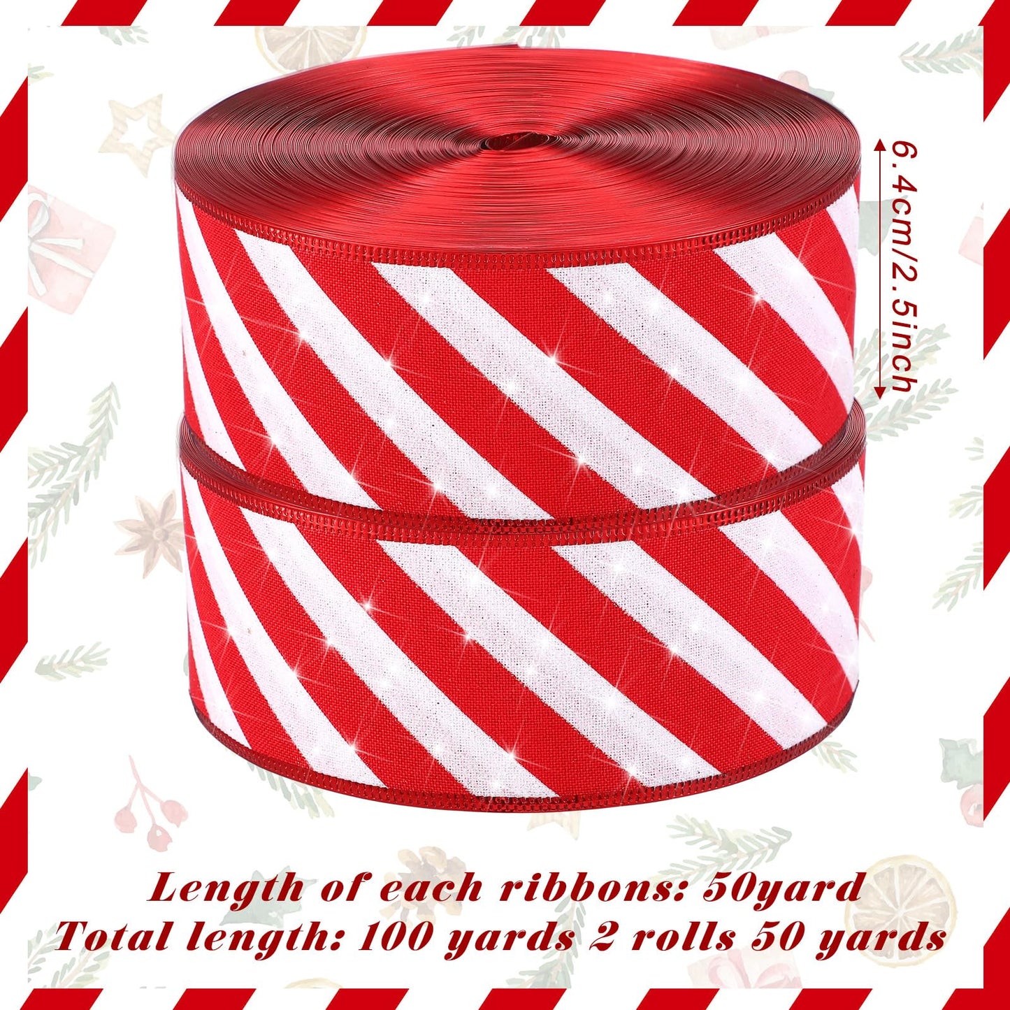 Waydress 2 Rolls Christmas Peppermint Stripe Ribbon Glitter Wired Candy Cane Fabric Wrapping DIY Craft Wide Ribbons for Christmas Tree Bow Wreath(2.5 Inch X 50 Yard)