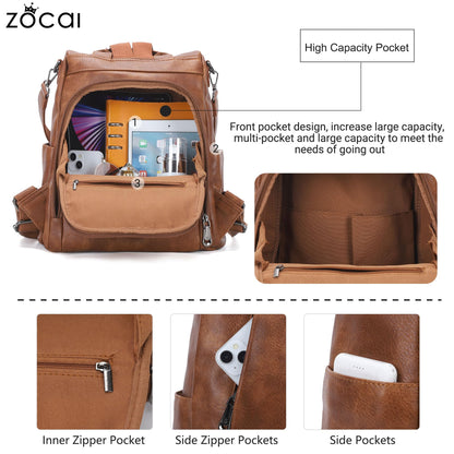 ZOCAI Backpack Purse for Women Medium Anti-Theft Backpacks Purses Design Leather Shoulder Bags with Removable Strap