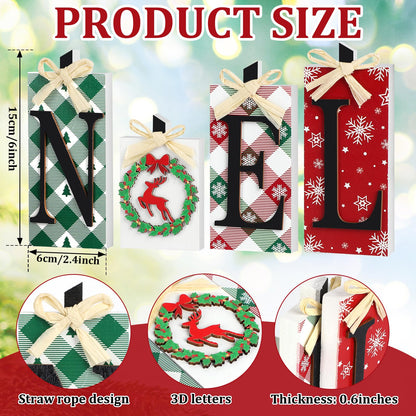 Christmas Wooden Noel Decorations,4Pcs Rustic Christmas Table Sign Decor,Letter Freestanding Xmas Centerpiece Table Tiered Tray Sign for Indoor Party New Year Winter Holiday Home Fireplace