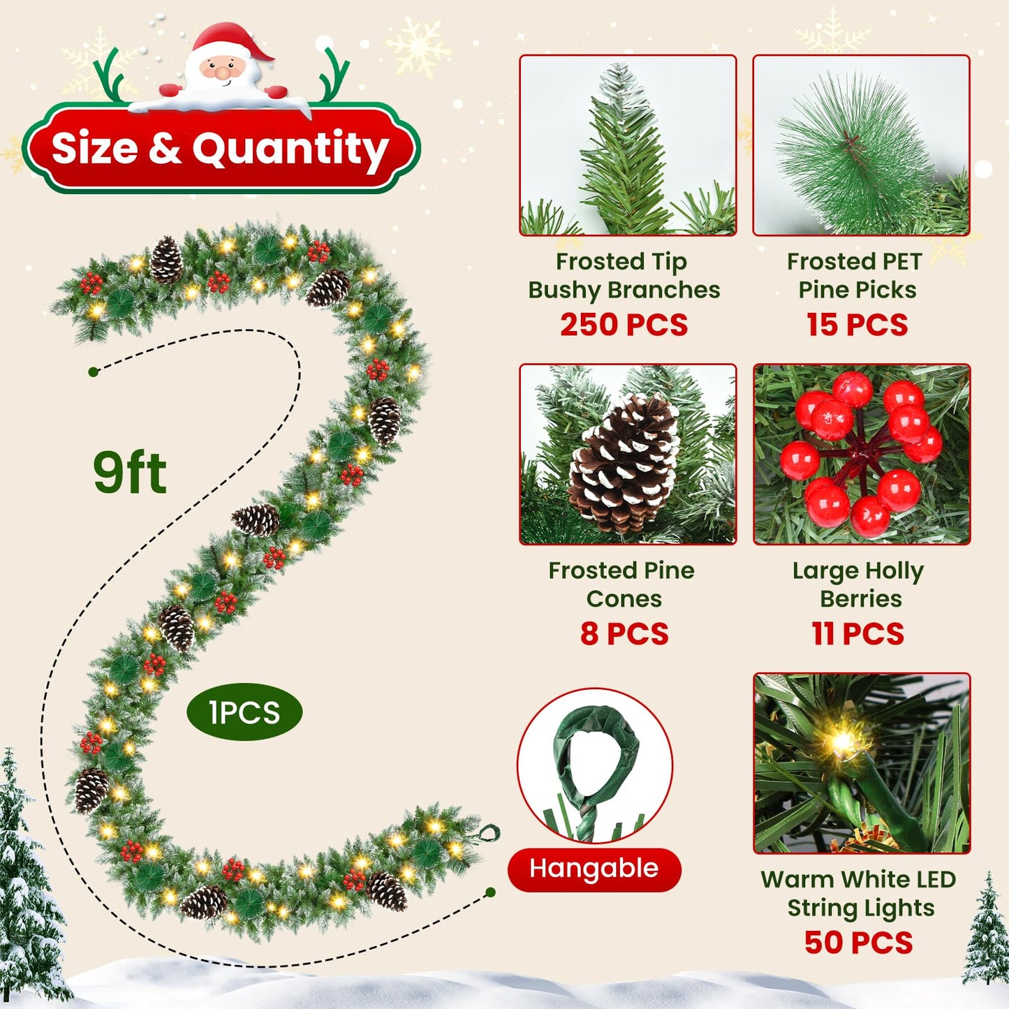 Christmas Garland with Lights 9 FT Artificial Christmas Garland 250 Pieces of Green Rattan Christmas Garland Holiday Artificial Decor for Stairs Wall Door Indoor Outdoor Garland